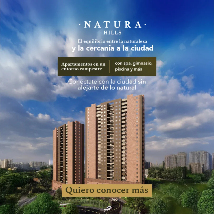 Banner Natura Hills Cuadrado Banner cuadrado del proyecto Natura Hills con torres residenciales y el mensaje apartamentos en entorno campestre