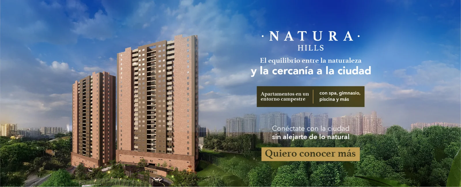Banner Natura Hills Banner del proyecto Natura Hills con torres residenciales y cielo azul, apartamentos en entorno campestre