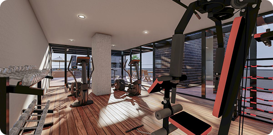 Render de gimnasio con máquinas de ejercicio y piso en madera