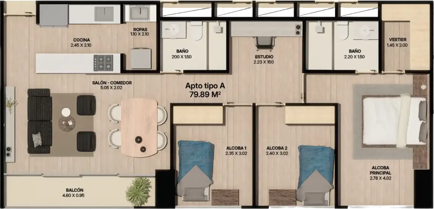 Plano Apartamento Tipo A Plano de apartamento tipo A de 79.89 m² con tres alcobas, estudio, dos baños, vestier y balcón