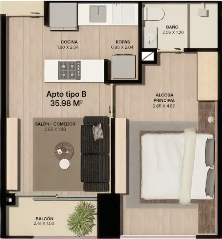 Plano Apartamento Tipo B Plano de distribución del apartamento tipo B de 35.98 m² con alcoba principal y balcón