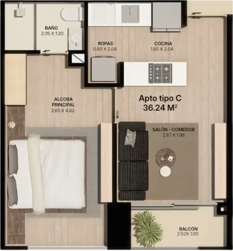 Plano Apartamento Tipo C Plano de apartamento tipo C de 36.24 m² con alcoba principal, cocina, zona de ropas y balcón