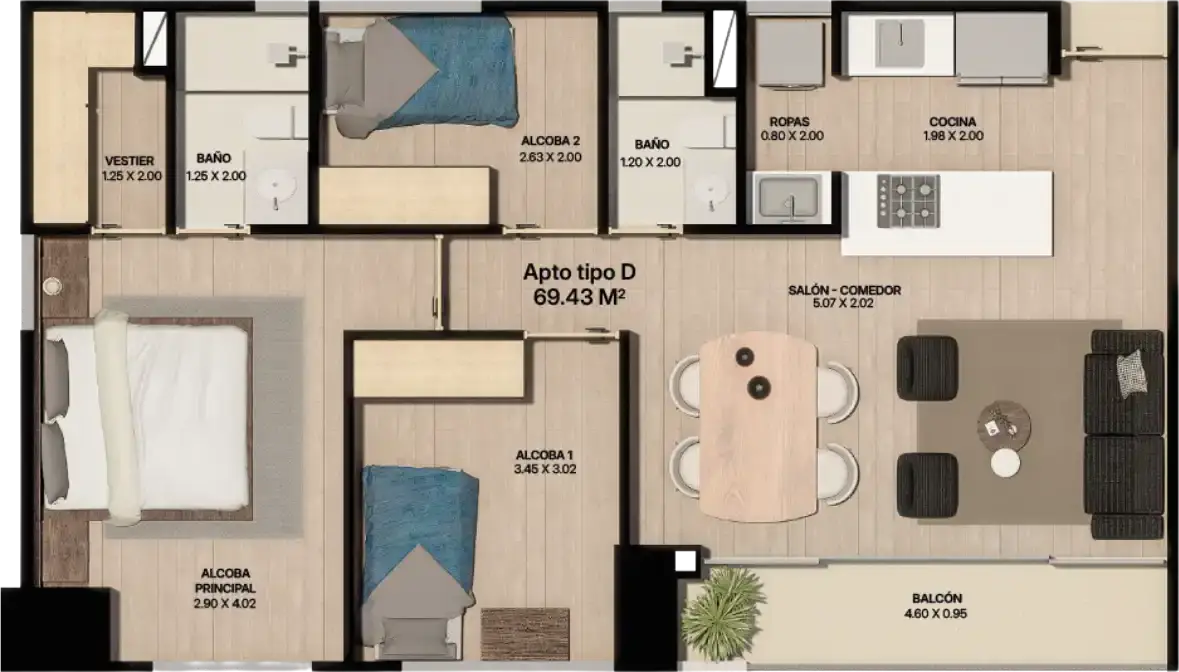 Plano Apartamento Tipo D Plano de apartamento tipo D de 69.43 m² con dos alcobas, vestier, dos baños y balcón