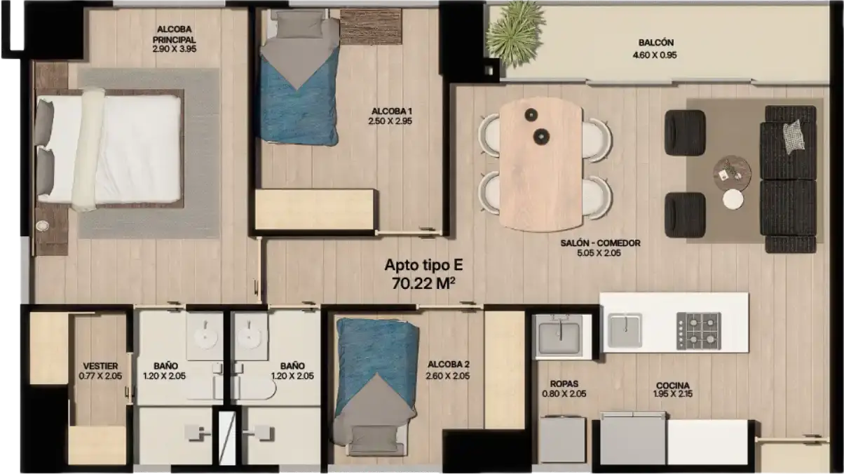 Plano Apartamento Tipo E Plano de apartamento tipo E de 70.22 m² con dos alcobas, vestier, dos baños y balcón