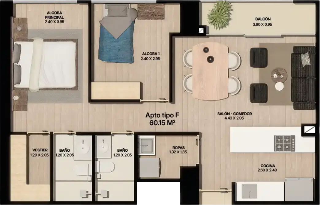 Plano Apartamento Tipo F Plano de apartamento tipo F de 60.15 m² con dos alcobas, vestier, dos baños, sala comedor y balcón