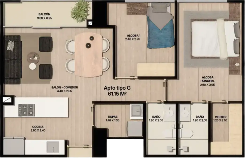 Plano Apartamento Tipo G Plano de apartamento tipo G de 61.15 m² con alcoba principal, alcoba secundaria, dos baños y balcón