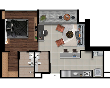 Plano de distribución de apartamento con habitación, baño, sala, comedor y cocina
