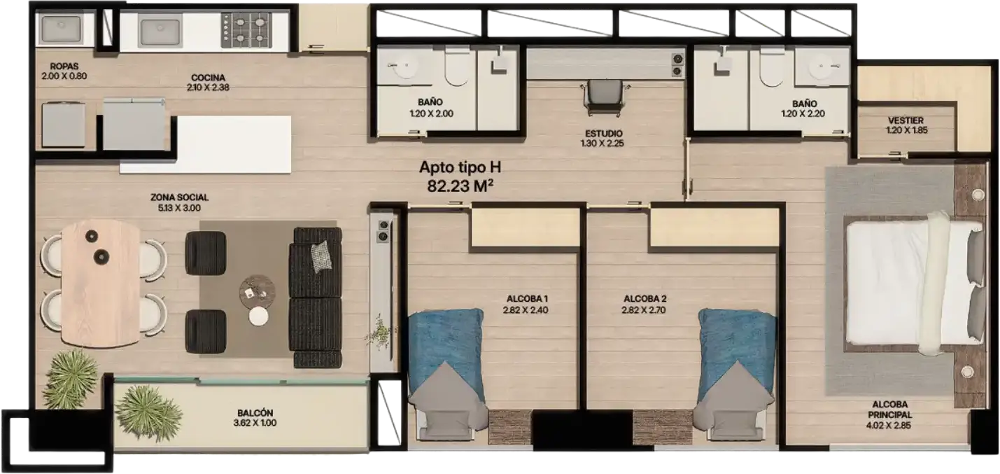 Plano Apartamento Tipo H Plano de distribución del apartamento tipo H de 82.23 m² con dos alcobas, estudio y vestier