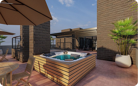 Render de zona de jacuzzi en terraza con sombrillas y plantas
