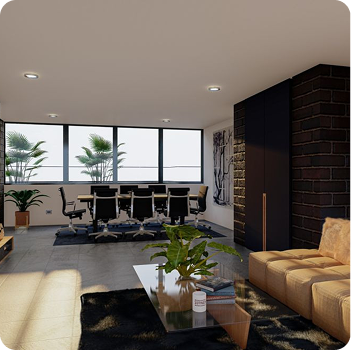 Render de sala social con sofá y mesa de reuniones al fondo, acabados en ladrillo negro
