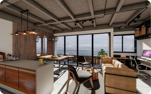 Render de sala, comedor y zona de estudio con ventanales y vista al mar