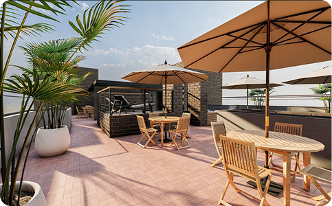 Render de terraza en azotea con sombrillas, mesas y sillas de madera