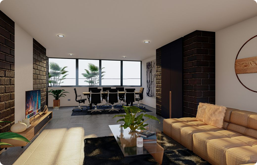 Render de sala social con sofá, televisor y mesa de reuniones, acabados en ladrillo negro