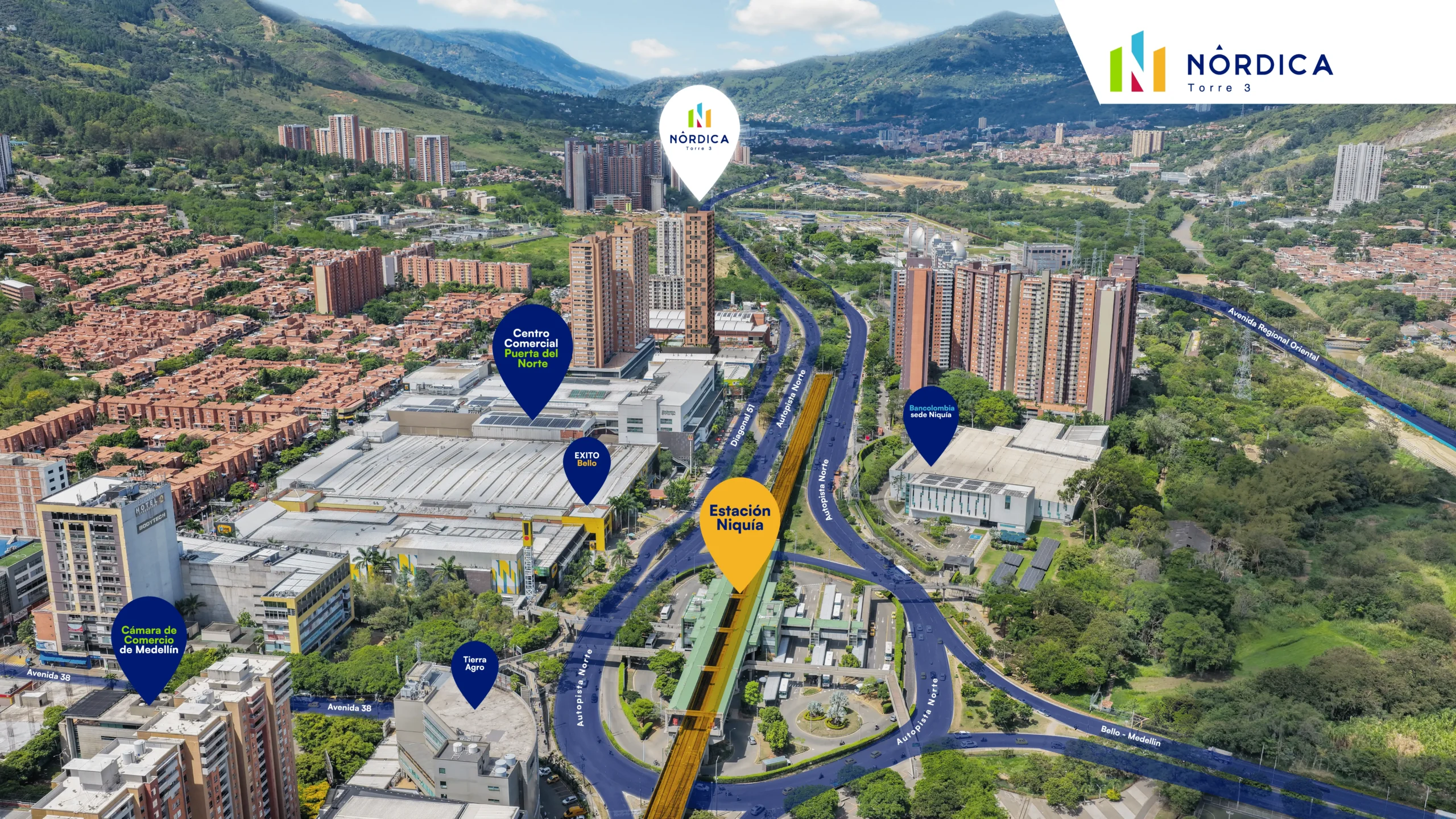 Ubicación de Nórdica Torre 3 Vista aérea panorámica de la ubicación de Nórdica Torre 3 entre montañas y la ciudad, con puntos de interés cercanos.