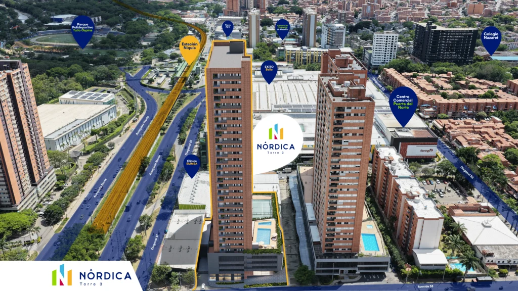 Mapa aéreo del proyecto Nórdica Torre 3 con puntos de interés cercanos como estaciones, centros comerciales y colegios.